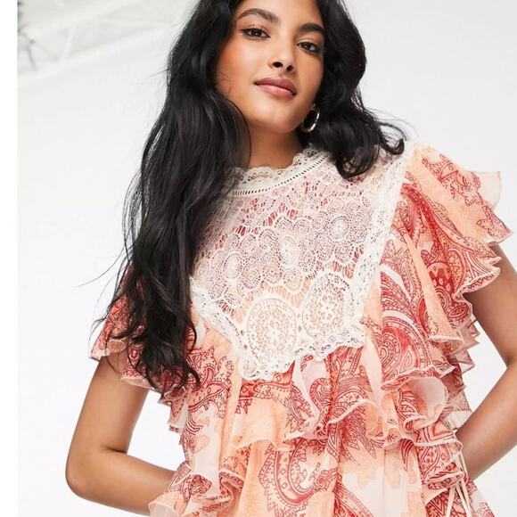 ASOS Paisley Flounce Tiered Mini Dress Lace & Ruffle Size 4 - Picture 2 of 12
